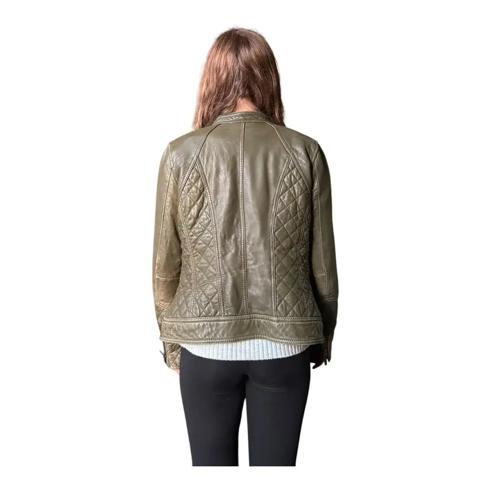 Michael Kors Green Leather Quilted Moto Jacket Small